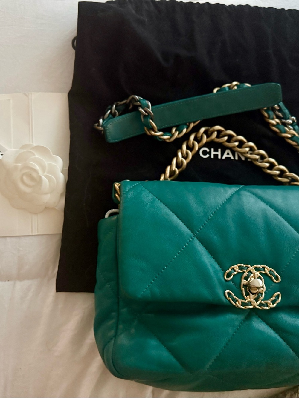 CHANEL lambskin medium 19 Flap Bag in Teal-Two tone